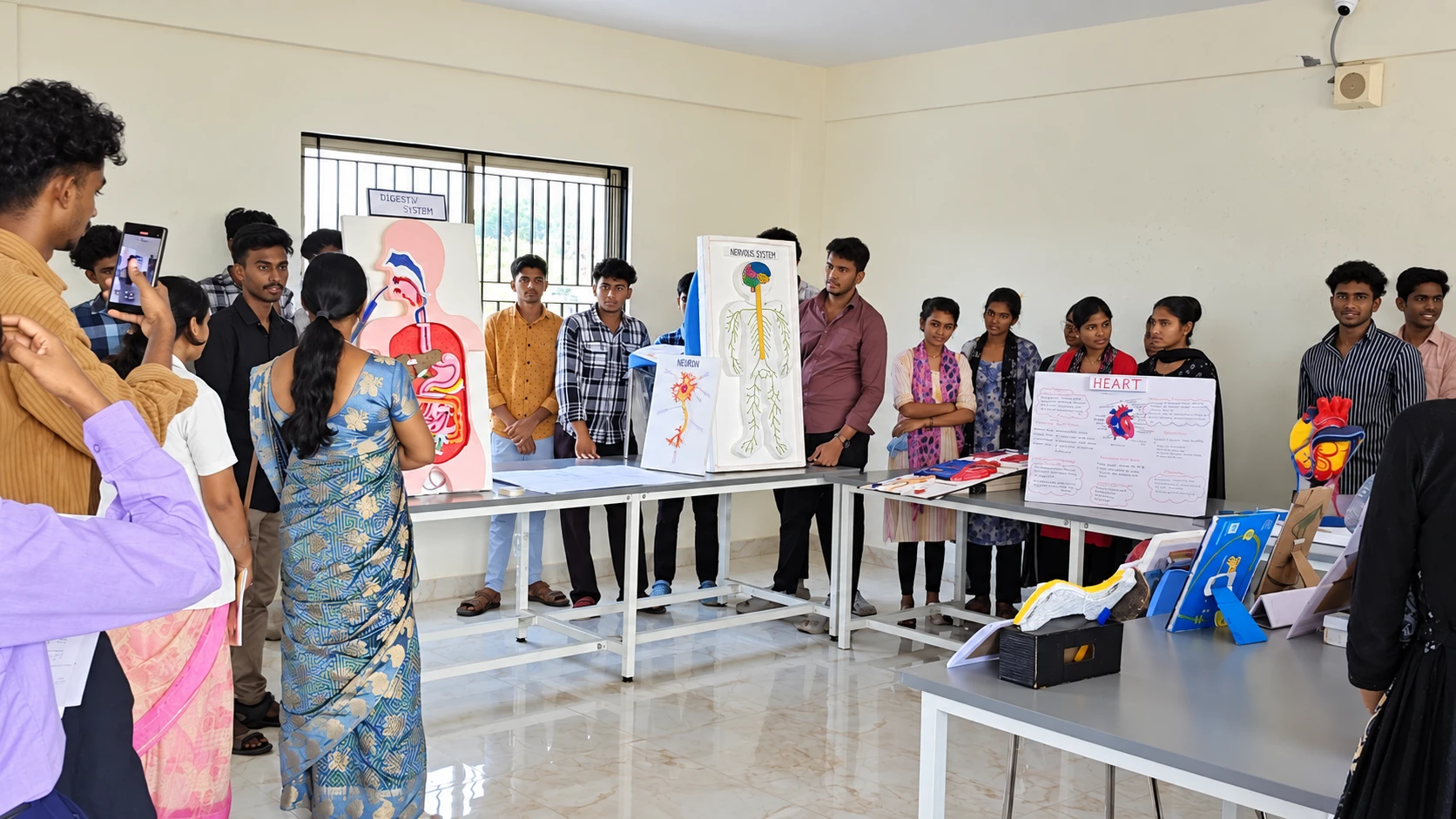 Students presenting an anatomy and physiology model exhibition