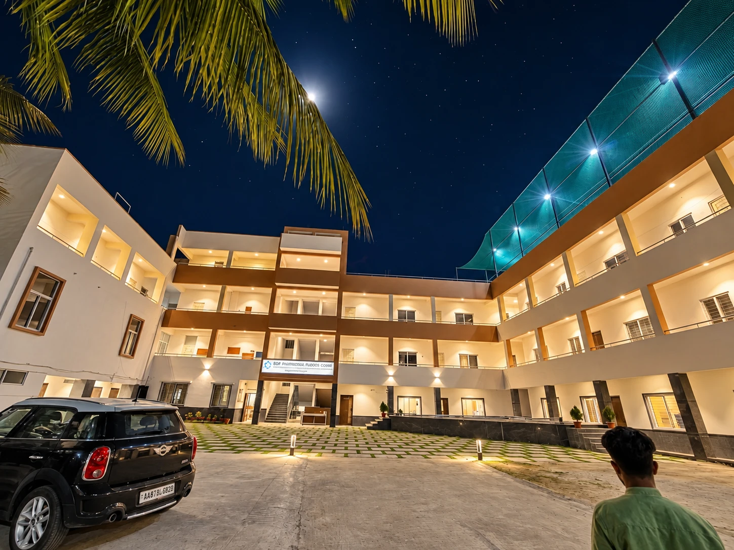 Campus building illuminated at night