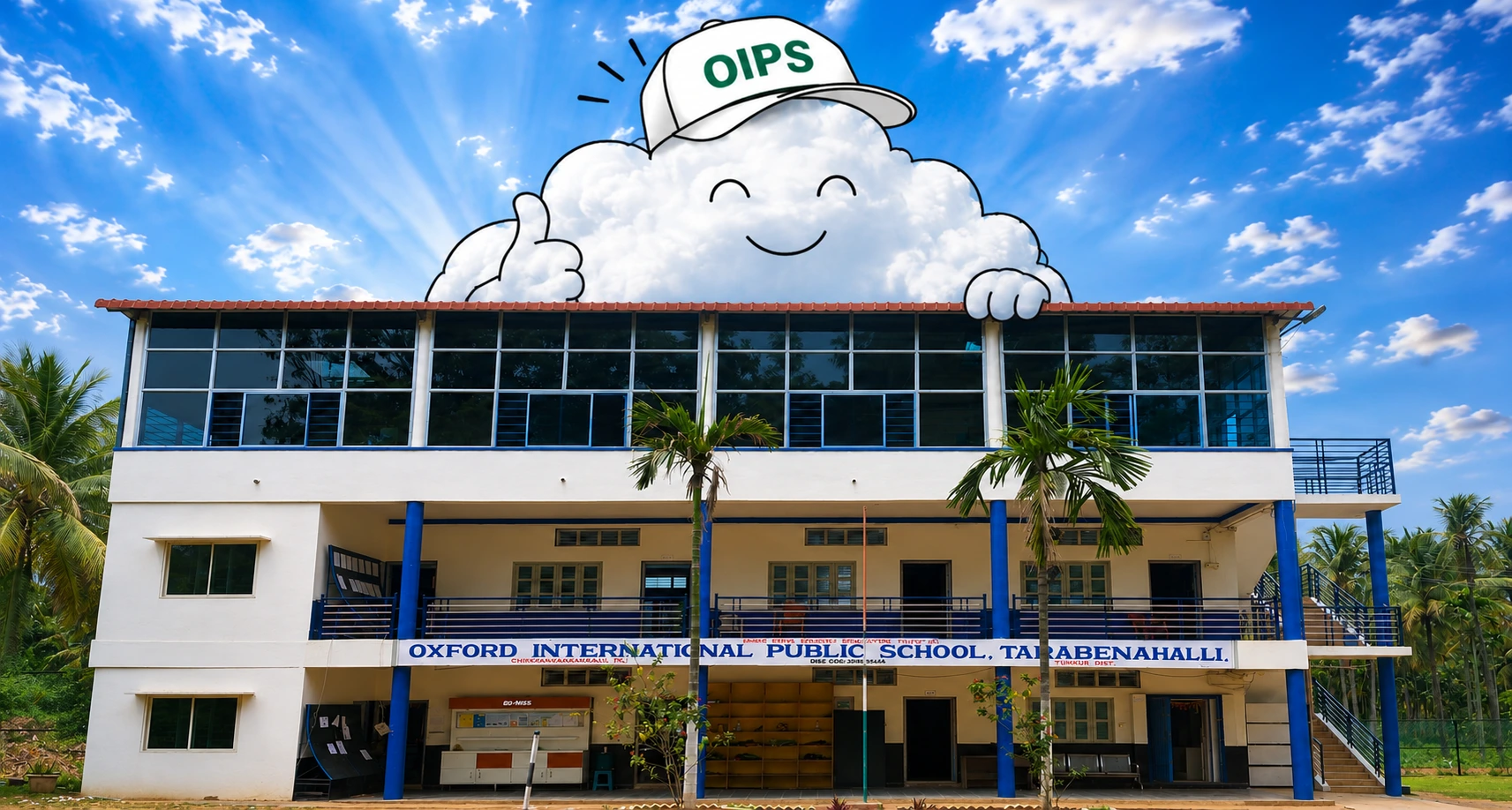 Oxford International Public School building with OIPS cloud mascot